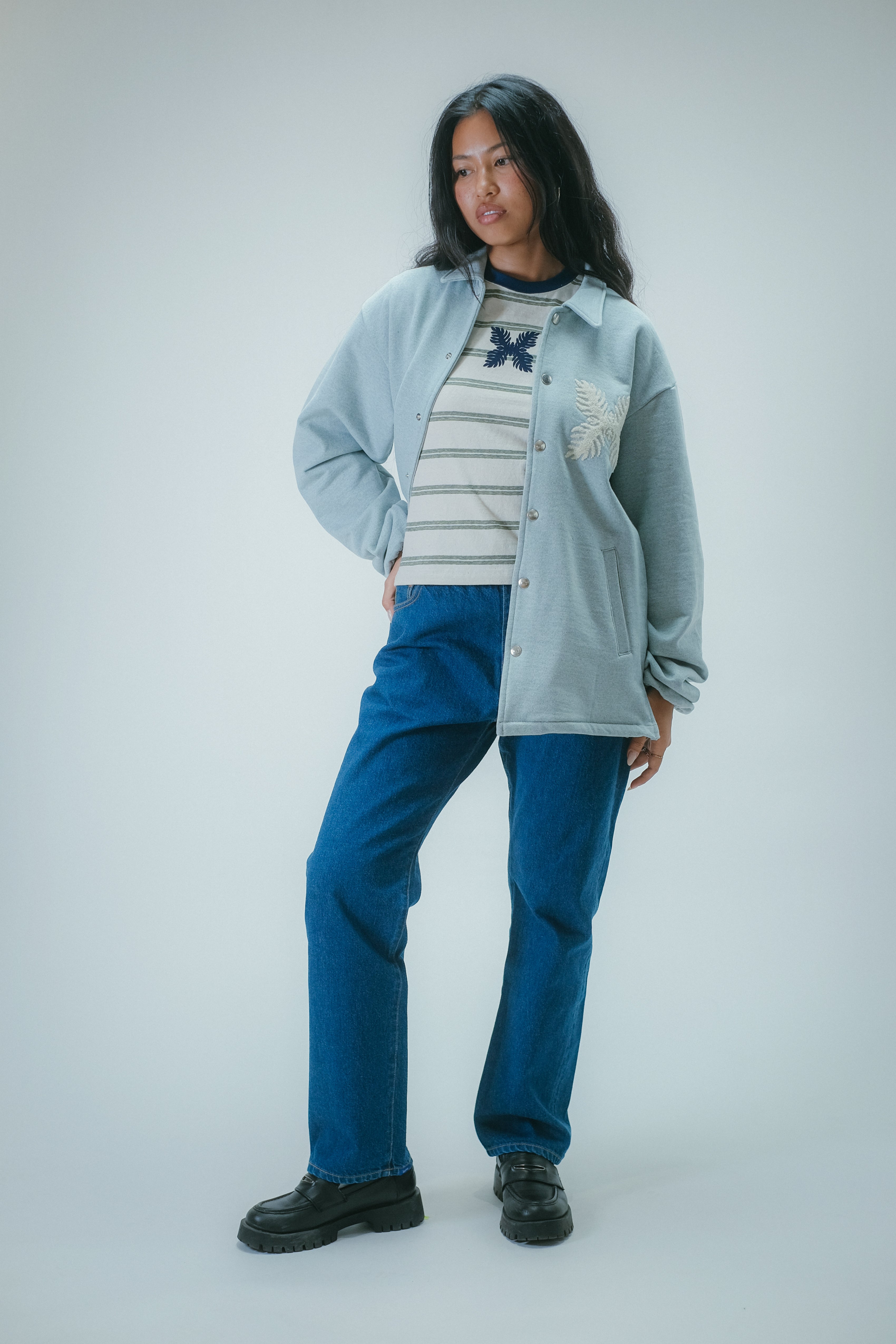 Recycled Denim French Terry Coach Jacket- Light Indigo