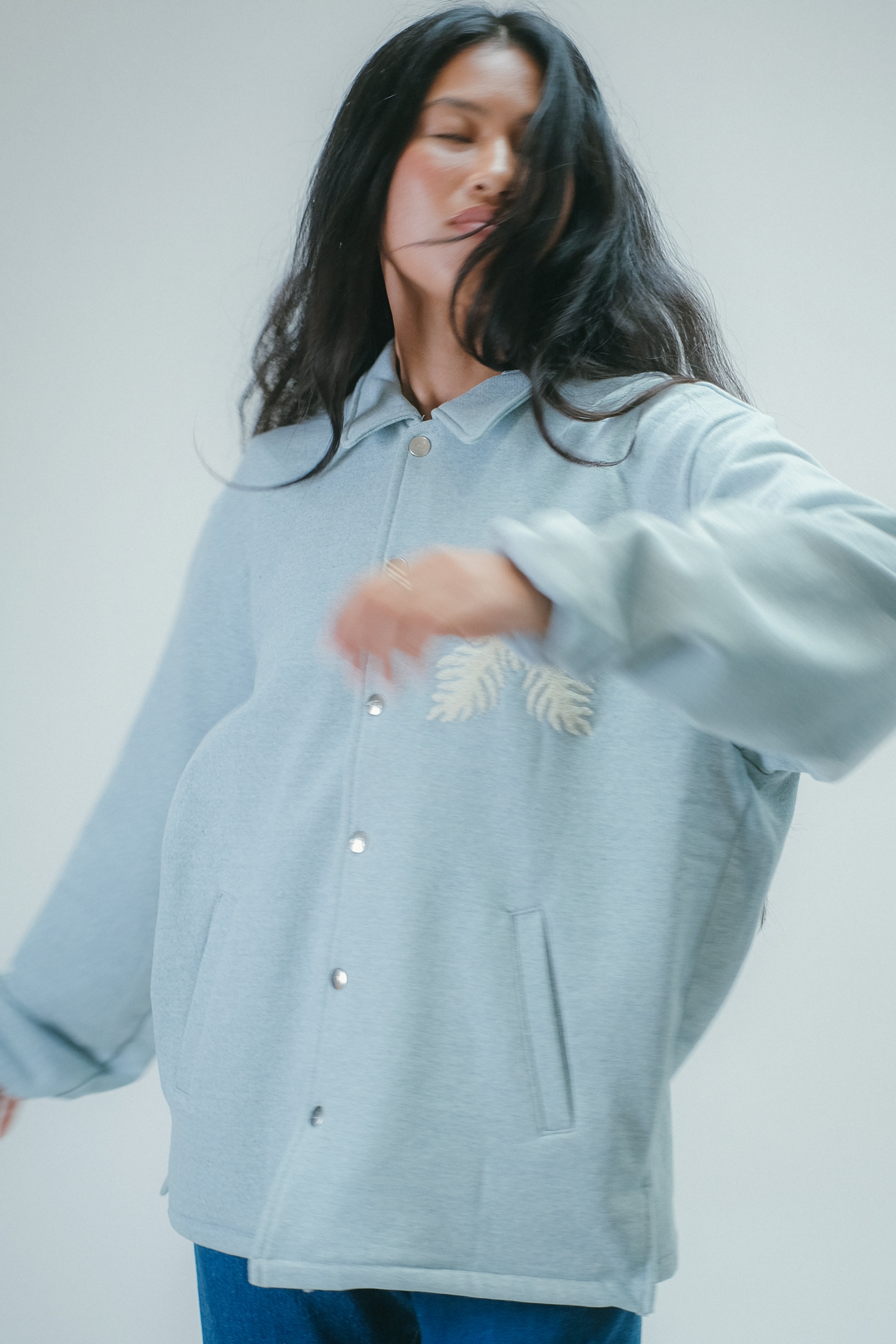 Recycled Denim French Terry Coach Jacket- Light Indigo