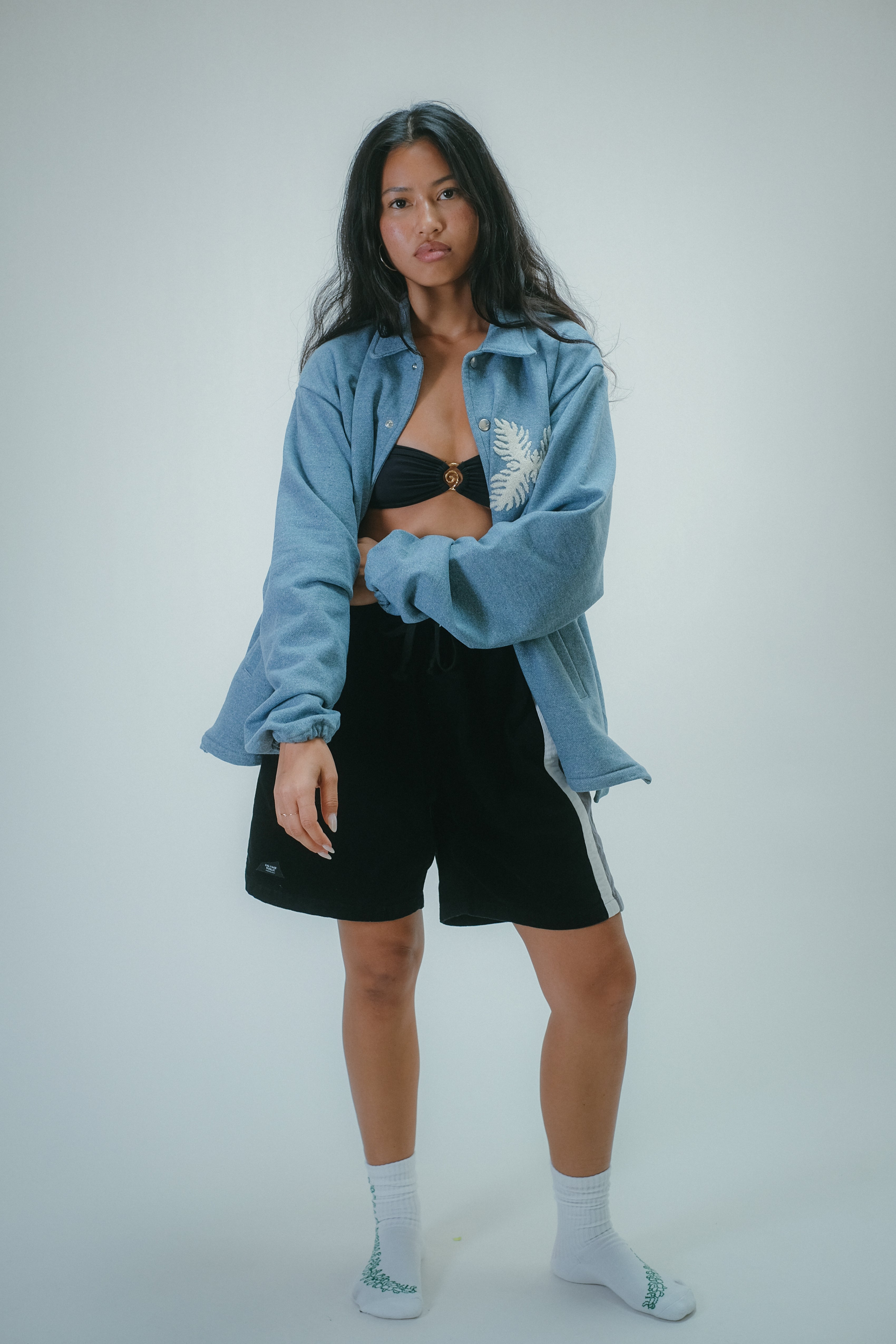 Recycled Denim French Terry Coach Jacket- Medium Indigo