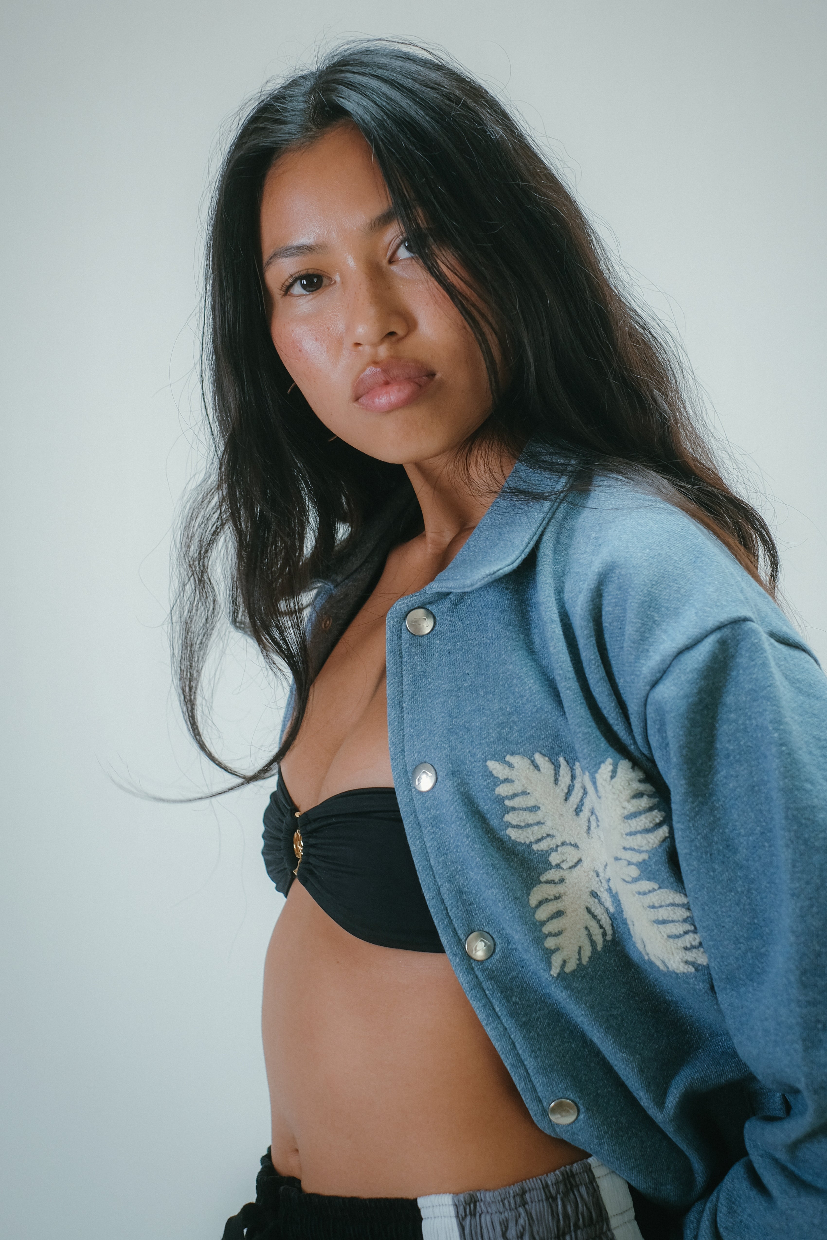 Recycled Denim French Terry Coach Jacket- Medium Indigo