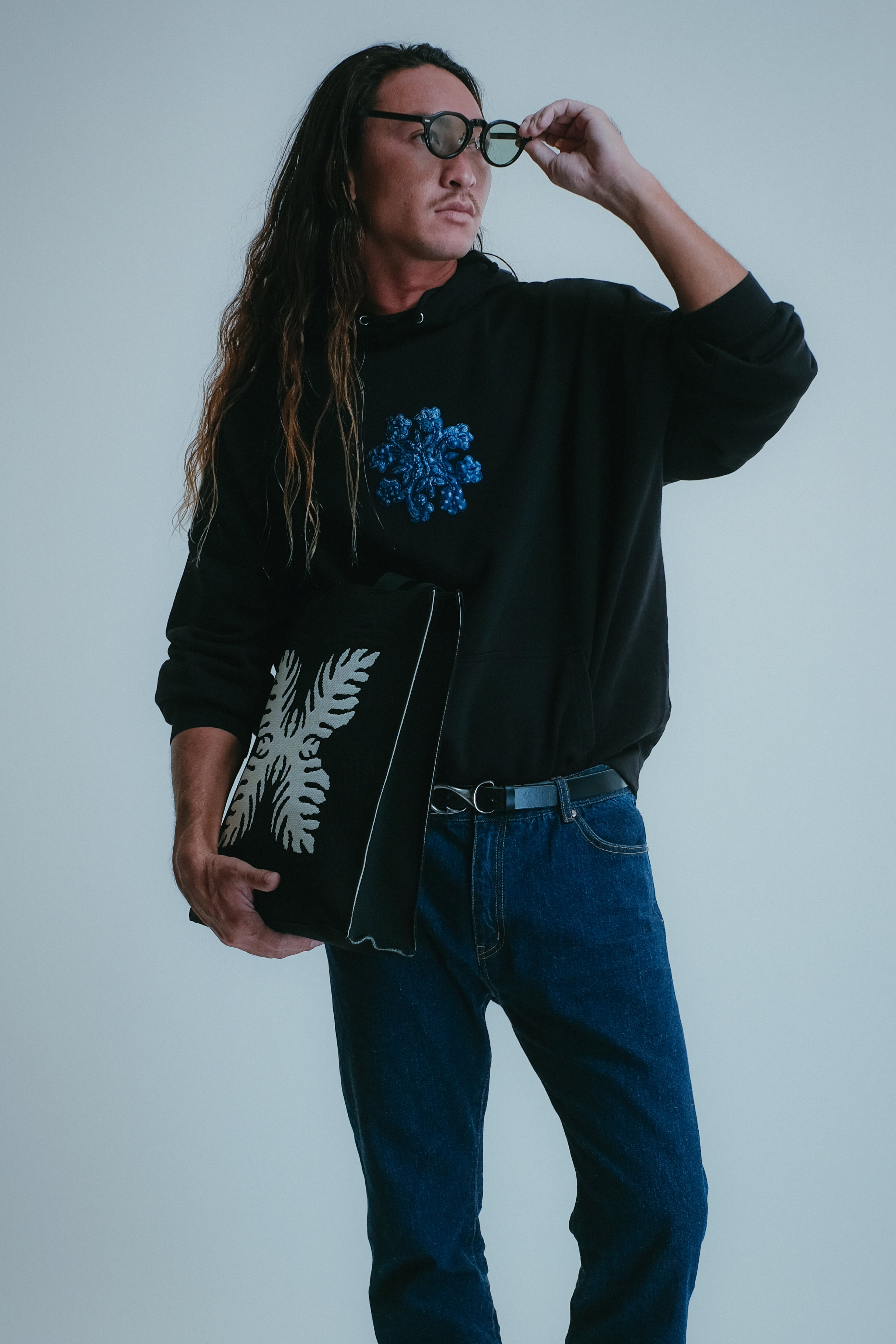 Beach Hoodie - Hibiscus Appliqué - Black