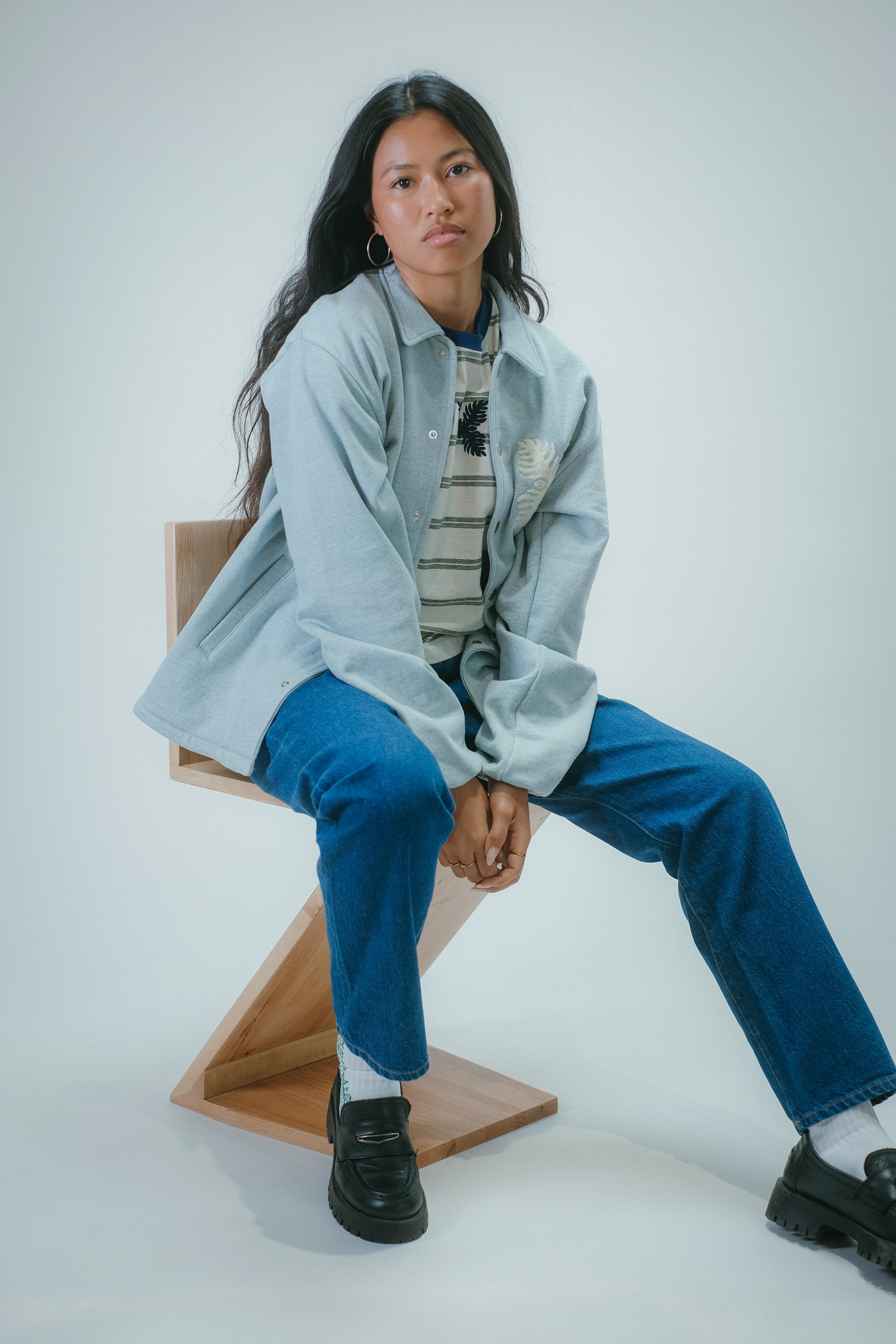 Recycled Denim French Terry Coach Jacket- Light Indigo