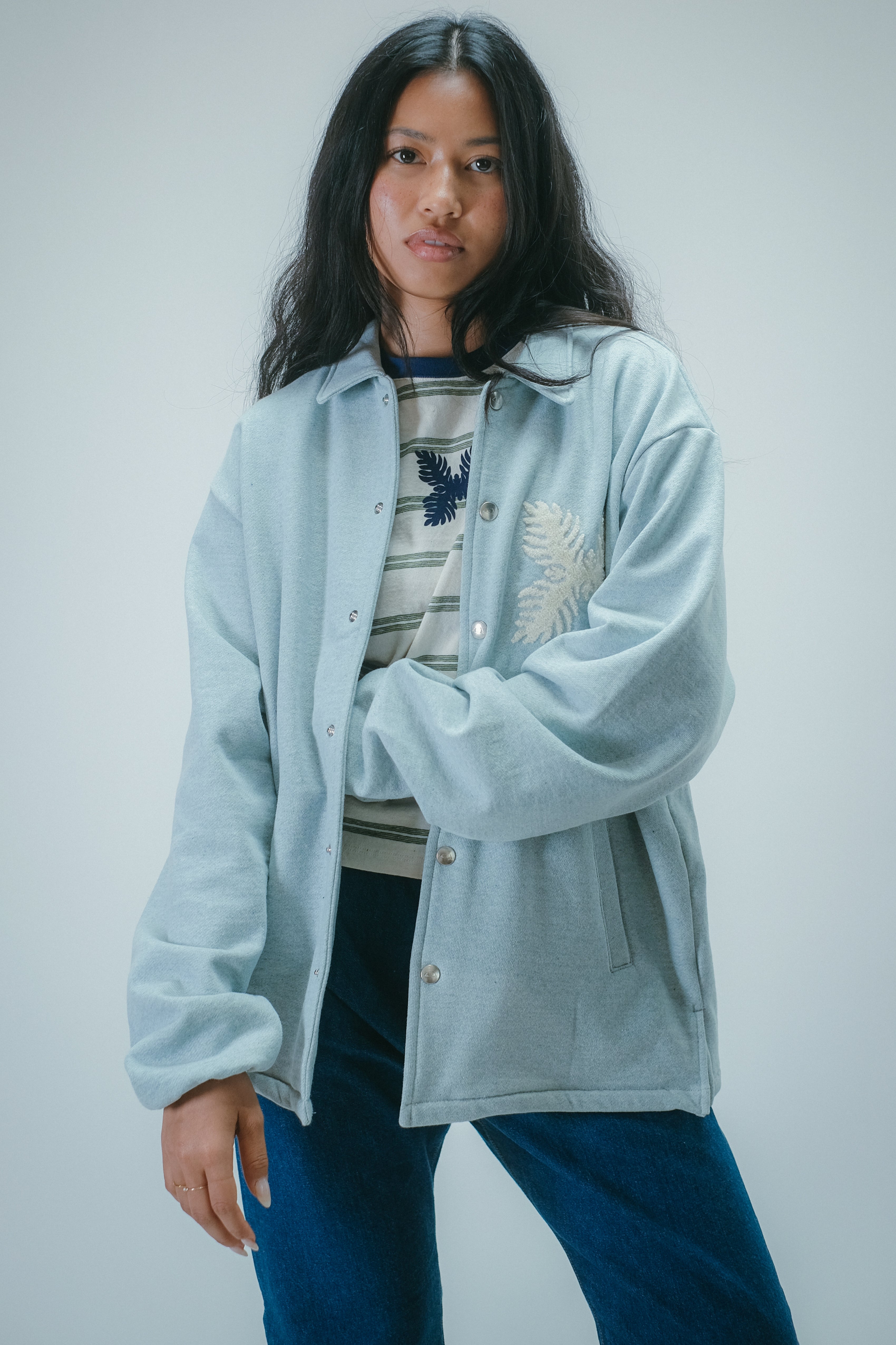 Recycled Denim French Terry Coach Jacket- Light Indigo