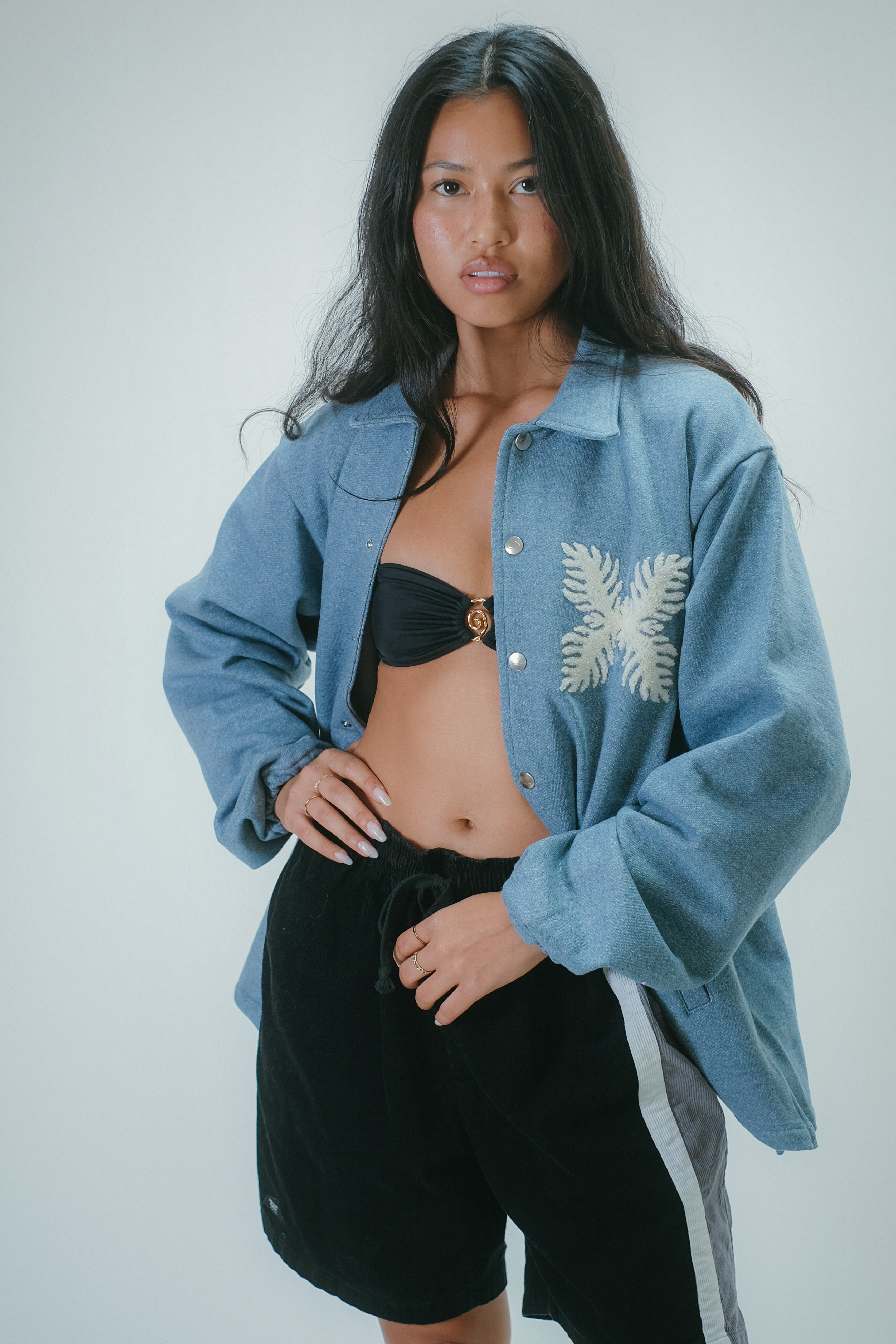 Recycled Denim French Terry Coach Jacket- Medium Indigo